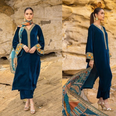 3PC EMBROIDERED VELVET SUIT - ZN-821