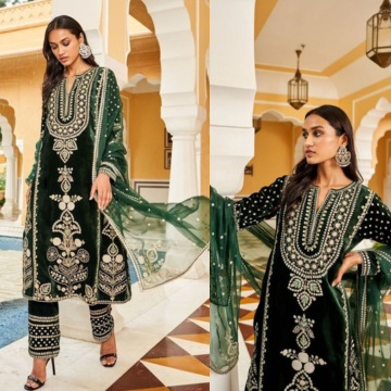 3PC EMBROIDERED VELVET SUIT - ZN-1105