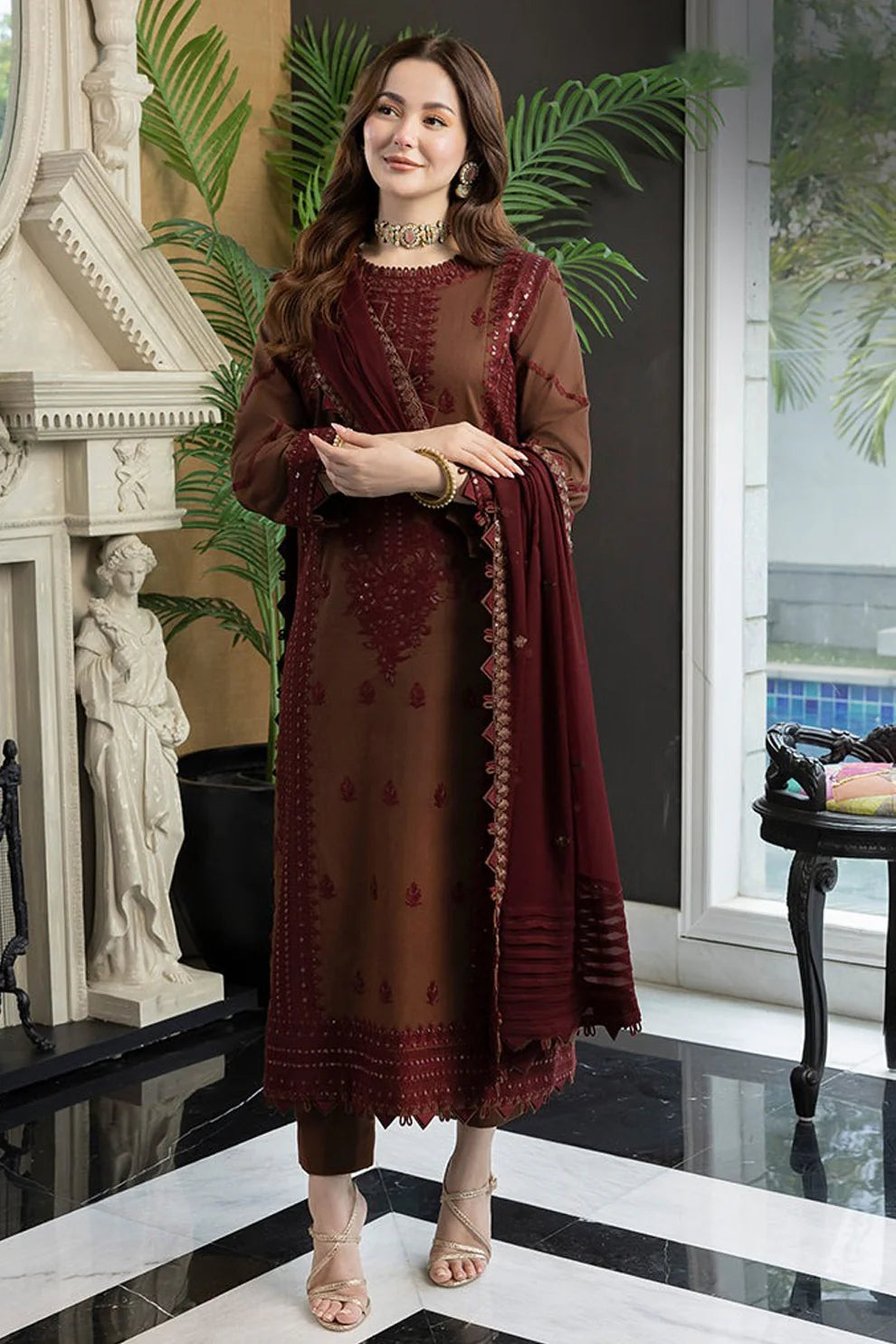 ZN955-Winter Unstitched 3PCs Embroidered Linen Suit With Chiffon Dupatta