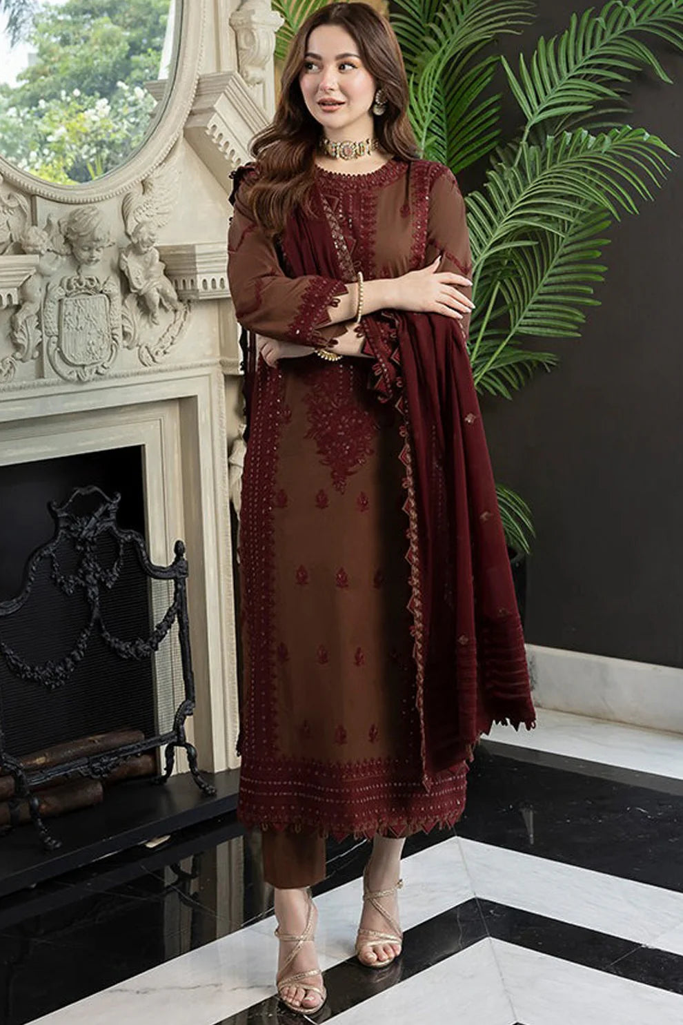 ZN955-Winter Unstitched 3PCs Embroidered Linen Suit With Chiffon Dupatta