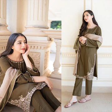 3PC EMBROIDERED DHANAK SUIT - ZN-612