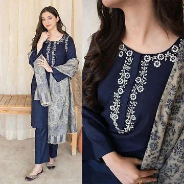 3PC EMBROIDERED DHANAK SUIT - ZN-627