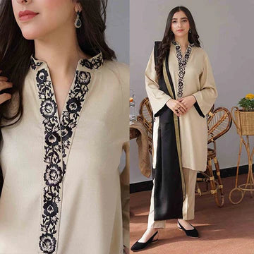 3PC EMBROIDERED DHANAK SUIT - ZN-407