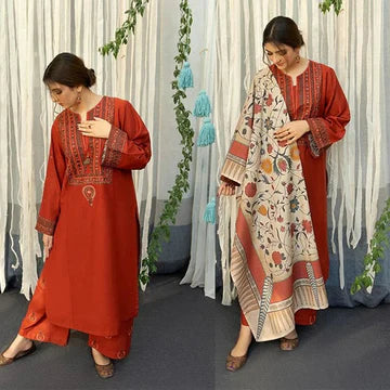 3PC EMBROIDERED DHANAK SUIT - ZN-914