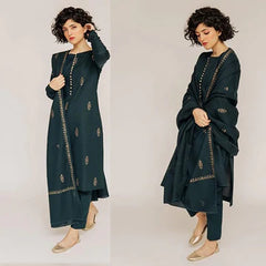 3PC EMBROIDERED DHANAK SUIT - ZN-566