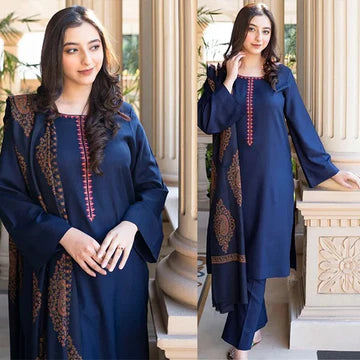 3PC EMBROIDERED DHANAK SUIT - ZN-1202