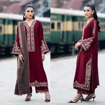 3PC EMBROIDERED DHANAK SUIT - ZN-1108