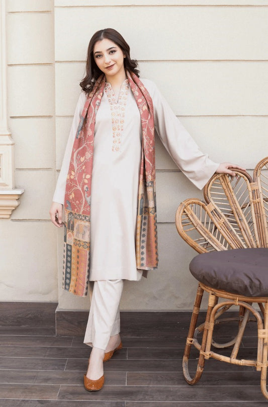 ZN 1229  Asling Winter 3PC Dhanak suit with Embroidered Shawll