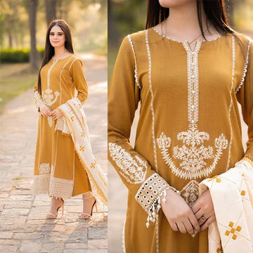 3PC EMBROIDERED DHANAK SUIT - ZN-1212