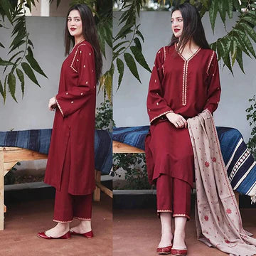 3PC EMBROIDERED DHANAK  SUIT - ZN-403