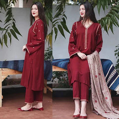 3PC EMBROIDERED DHANAK  SUIT - ZN-403
