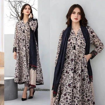 3PC EMBROIDERED DHANAK SUIT - ZN-1218