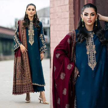 3PC EMBROIDERED DHANAK SUIT - ZN-1109