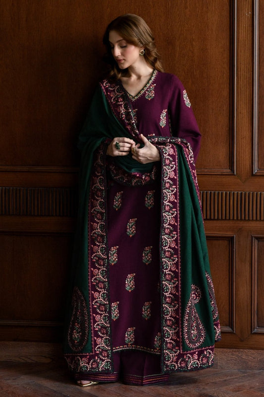 ZN1236  Winter BATIK-3PC DHANAK EMBROIDERED SHIRT WITH DHANAK EMBROIDERED SHAWL AND TROUSER-BIC-  Regular price 5999