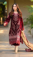 ZN1240  Winter Embroidered Velvet Dress With Organza embroidered Dopata