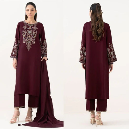 3PC EMBROIDERED DHANAK SUIT - ZN-1241