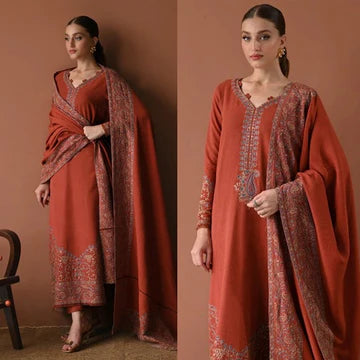 3PC EMBROIDERED DHANAK SUIT - ZN-1260