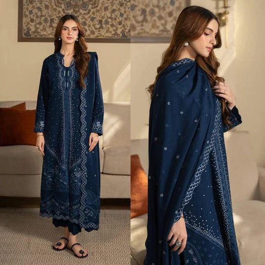 3PC EMBROIDERED DHANAK SUIT - ZN-1431