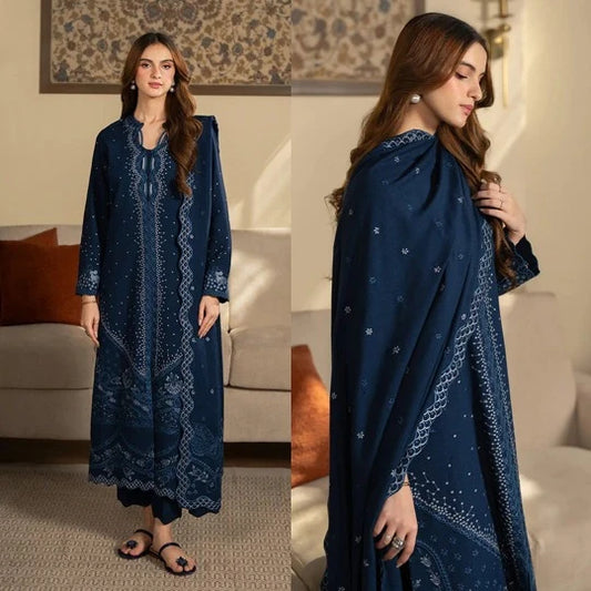 3PC EMBROIDERED DHANAK SUIT - ZN-1431