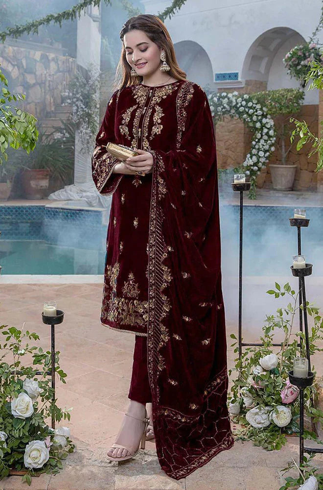 ZN401-WINTER Embroidered Velvet Three piece With Velvet Shawl Winter Collection