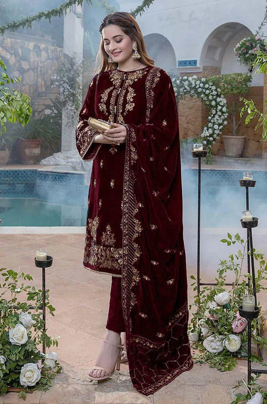 ZN401-WINTER Embroidered Velvet Three piece With Velvet Shawl Winter Collection