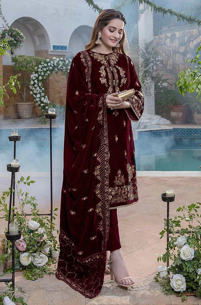 ZN401-WINTER Embroidered Velvet Three piece With Velvet Shawl Winter Collection