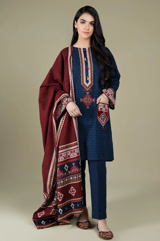 ZN416-WINTER  3PC Linen Embroidered suit with  Printed Shawll