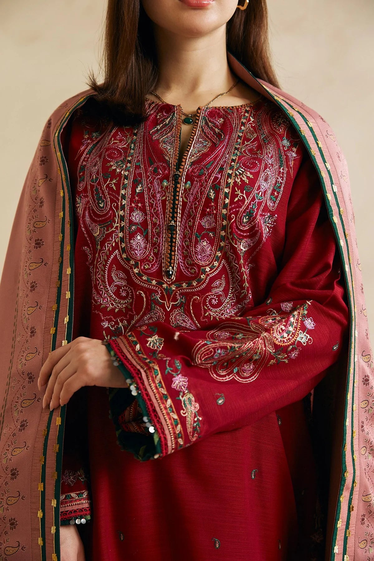 ZN602-WINTER 3-Pc Embroidered Dhanak Suit with Heavy Embroidered Dhanak Shawll