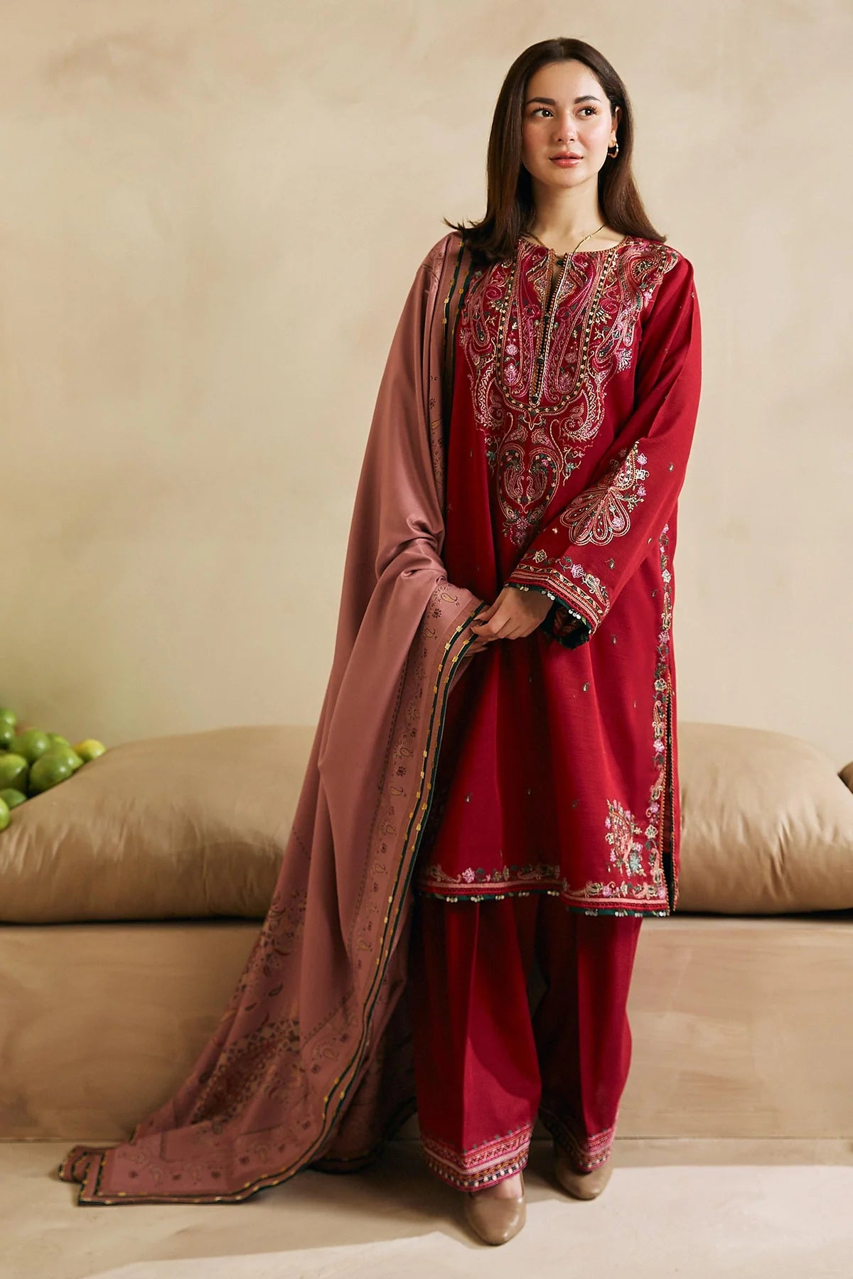 ZN602-WINTER 3-Pc Embroidered Dhanak Suit with Heavy Embroidered Dhanak Shawll