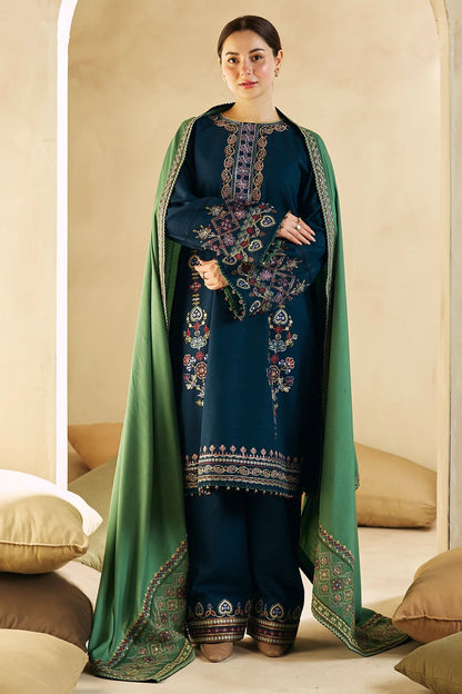 ZN590-Winter 3-Pc Embroidered Dhanak Suit with Heavy Embroidered Dhanak Shawll
