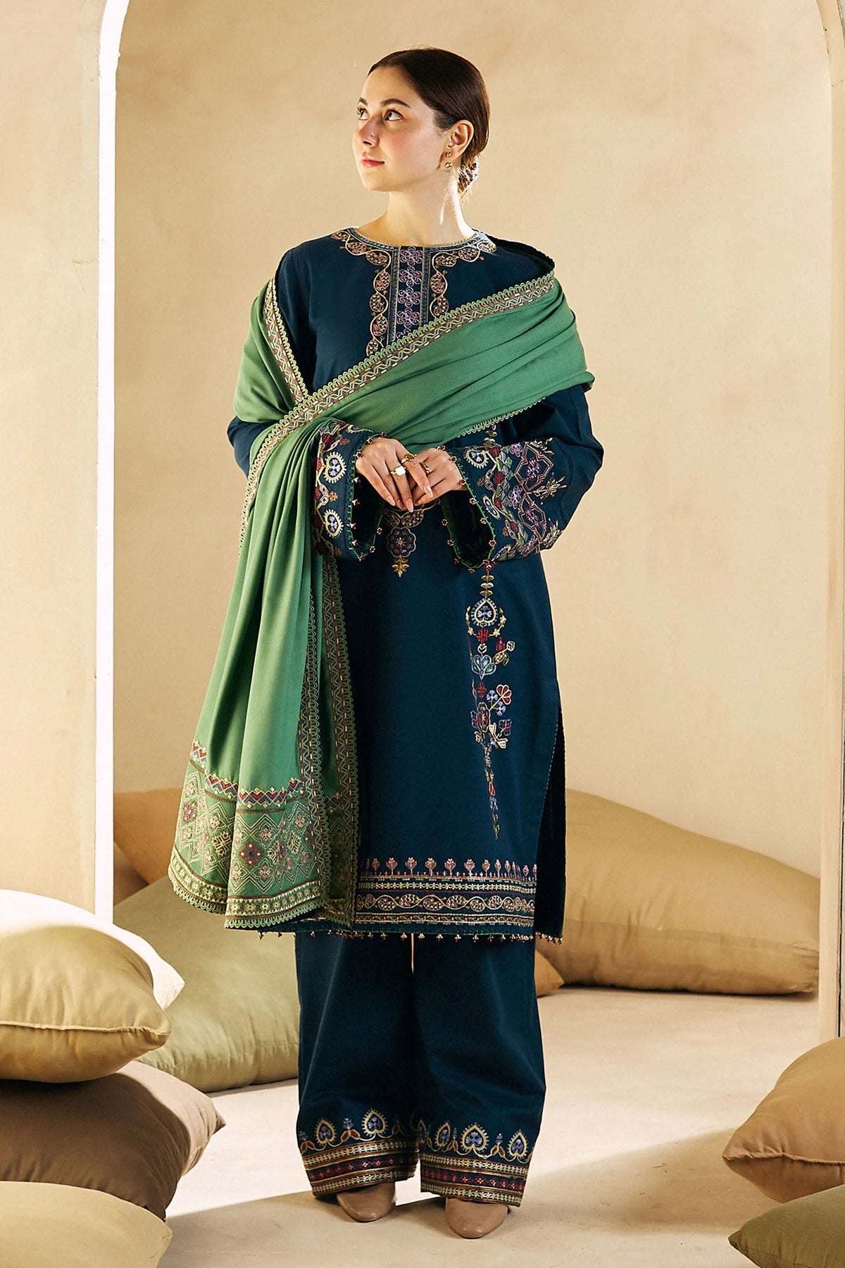 ZN590-Winter 3-Pc Embroidered Dhanak Suit with Heavy Embroidered Dhanak Shawll