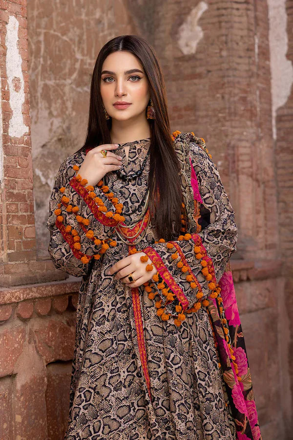 ZN206-3PC Lawn Printed Shirt With Patches & Bamber Chiffon Printed Dupatta