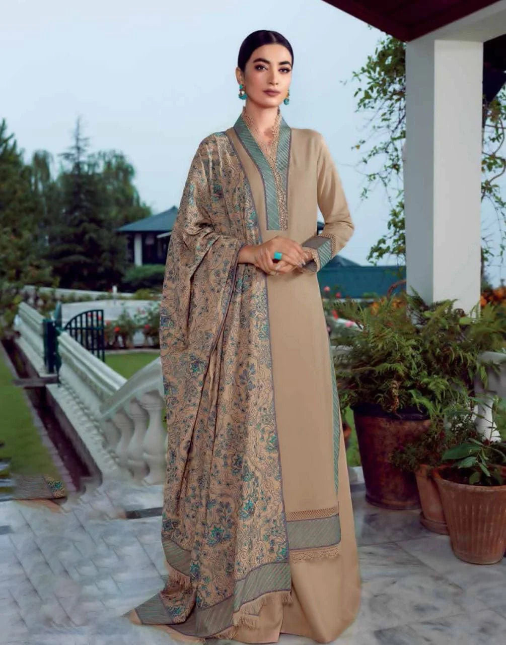 ZN429-WINTER Embroidered Dhanak Suit with Heavy Embroidered Dhanak Shawl