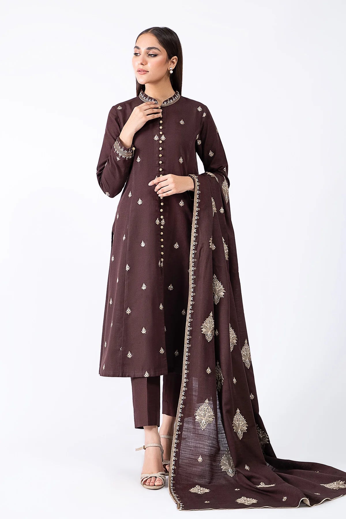 ZN604-WINTER 3-Pc Embroidered Dhanak Suit with Heavy Embroidered Dhanak Shawll