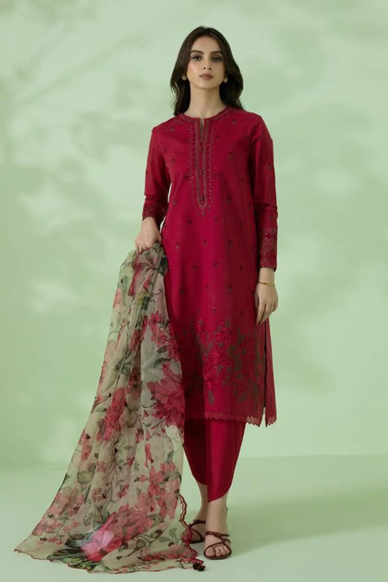 ZN350-Sapphire - 3PC Lawn Heavy Embroidered Shirt With Paper Cotton Printed Dupatta