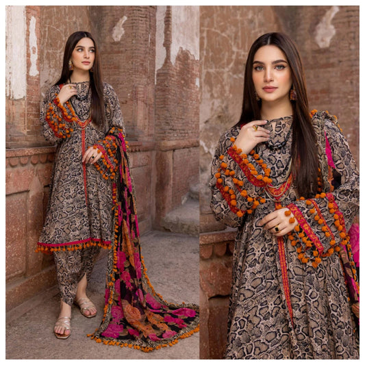ZN206-3PC Lawn Printed Shirt With Patches & Bamber Chiffon Printed Dupatta
