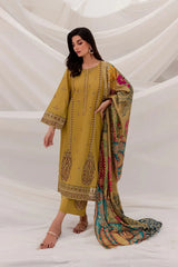 ZN940-WINTER 3PC Dhannak Embroidered suit with Printed Shawll
