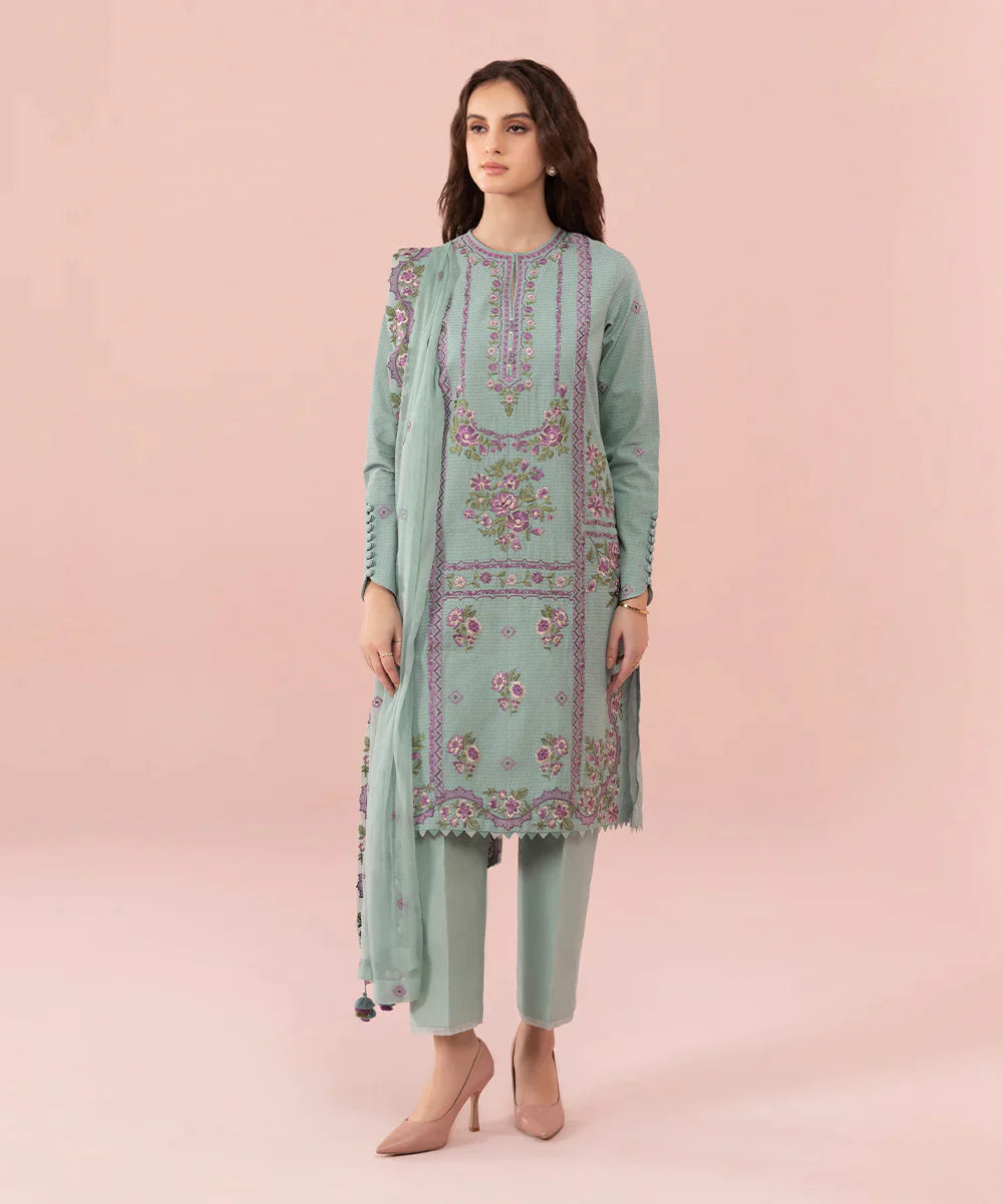 ZN743-SUMMER 3PC Lawn Embroidered Shirt With Chiffon Embroidered Dupatta