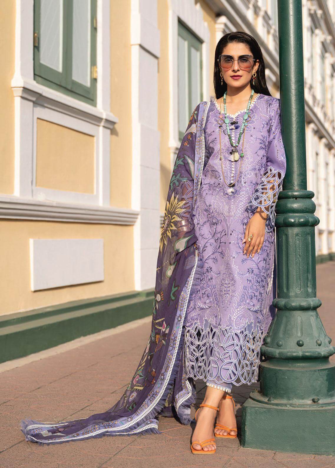 ZN132-3 Piece Unstitched Heavy Embroidered Lawn Suit With Digital Printed Silk Dupatta