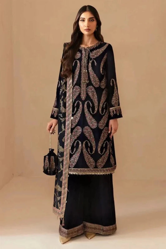 ZN1101v - Jazmin Velvet Winter Embroidered 3 Piece Dress With Organza embroidered Dopata - ZoniyaClothing