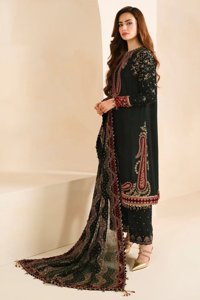 ZN1104 - Winter Jazmin Velvet Embroidered with Printed organza duppatta Winter Collection - ZoniyaClothing