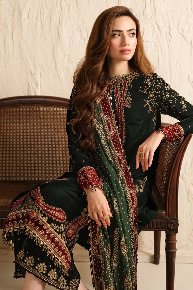 ZN1104 - Winter Jazmin Velvet Embroidered with Printed organza duppatta Winter Collection - ZoniyaClothing