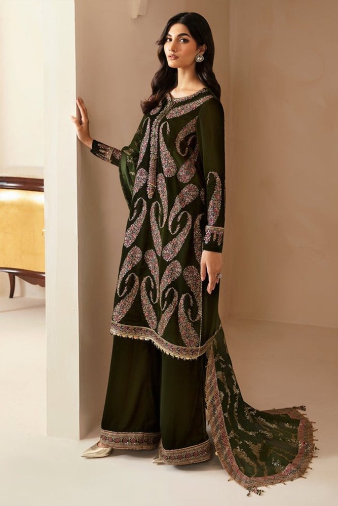 ZN1106 Winter jazmin Embroidered Velvet Dress With Organza embroidered Dopata - ZoniyaClothing