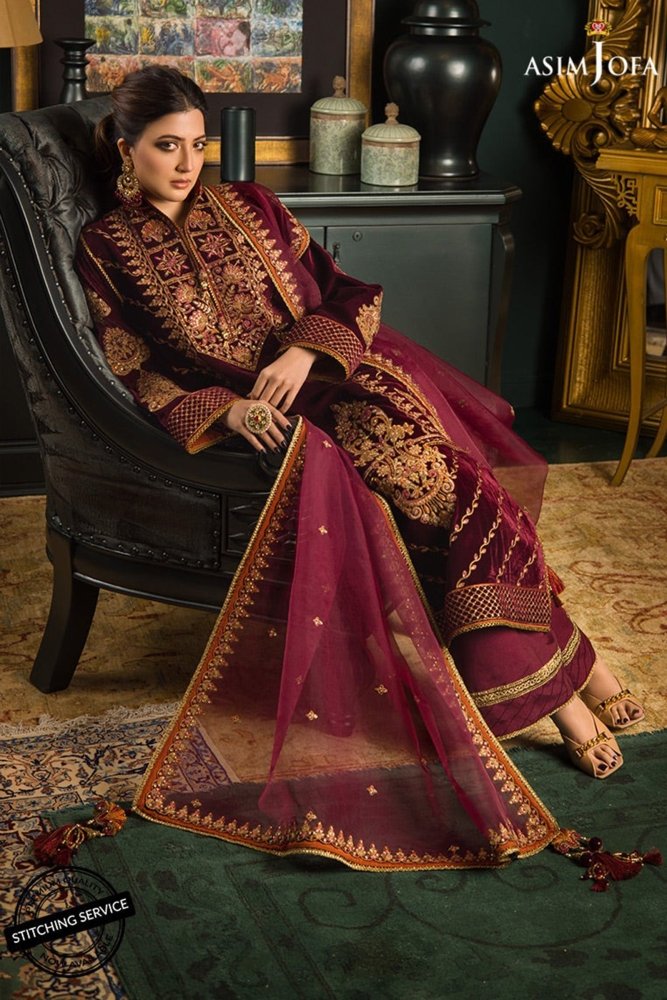 ZN1113 Asim jofa Winter Embroidered Velvet Dress With Organza embroidered Dopata - ZoniyaClothing