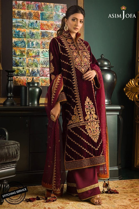 ZN1113 Asim jofa Winter Embroidered Velvet Dress With Organza embroidered Dopata - ZoniyaClothing