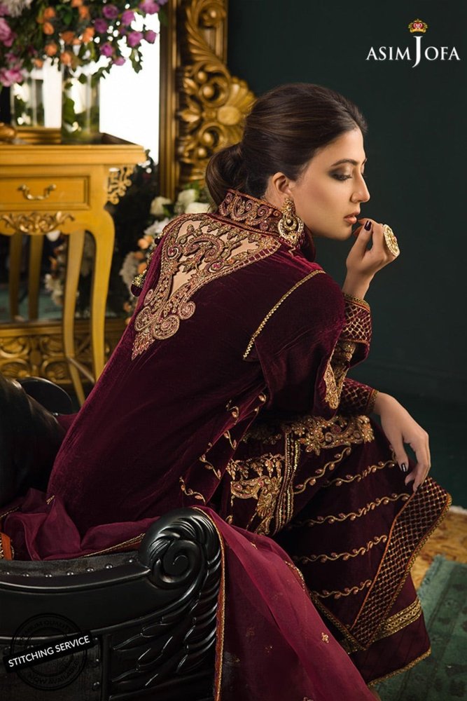 ZN1113 Asim jofa Winter Embroidered Velvet Dress With Organza embroidered Dopata - ZoniyaClothing
