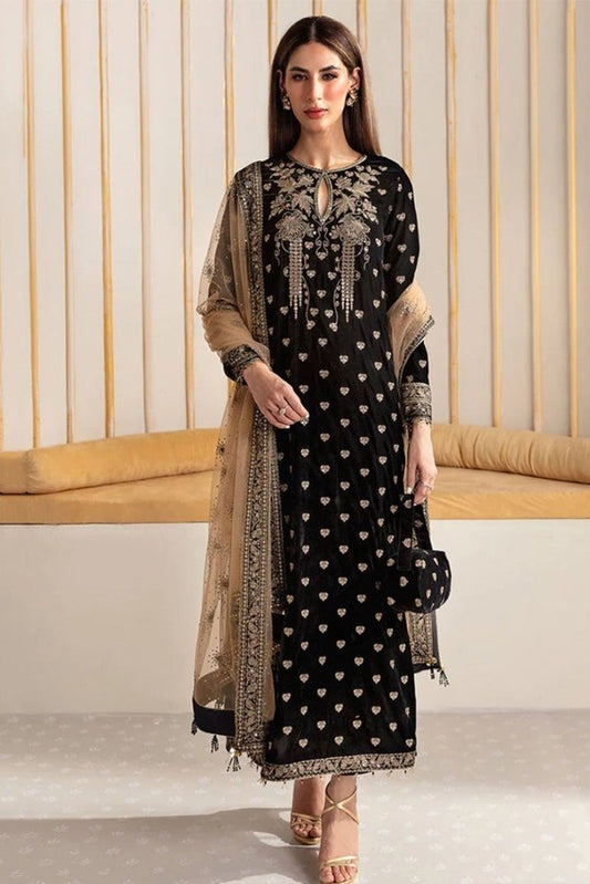 ZN1114 - Baroque Velvet Winter Embroidered 3 Piece Dress With Organza embroidered Dopata - ZoniyaClothing