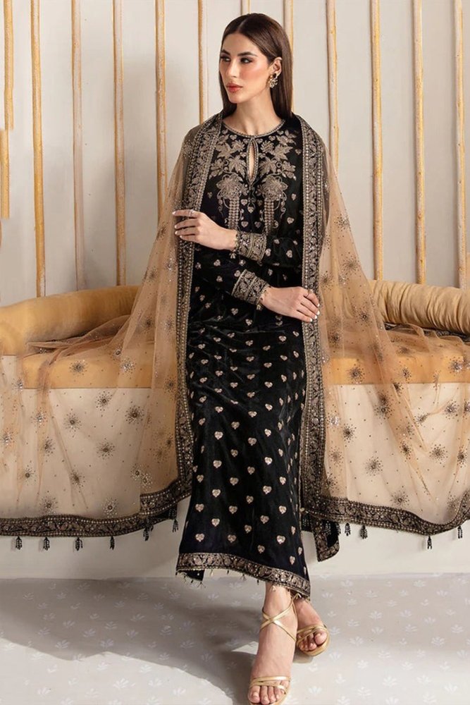 ZN1114 - Baroque Velvet Winter Embroidered 3 Piece Dress With Organza embroidered Dopata - ZoniyaClothing
