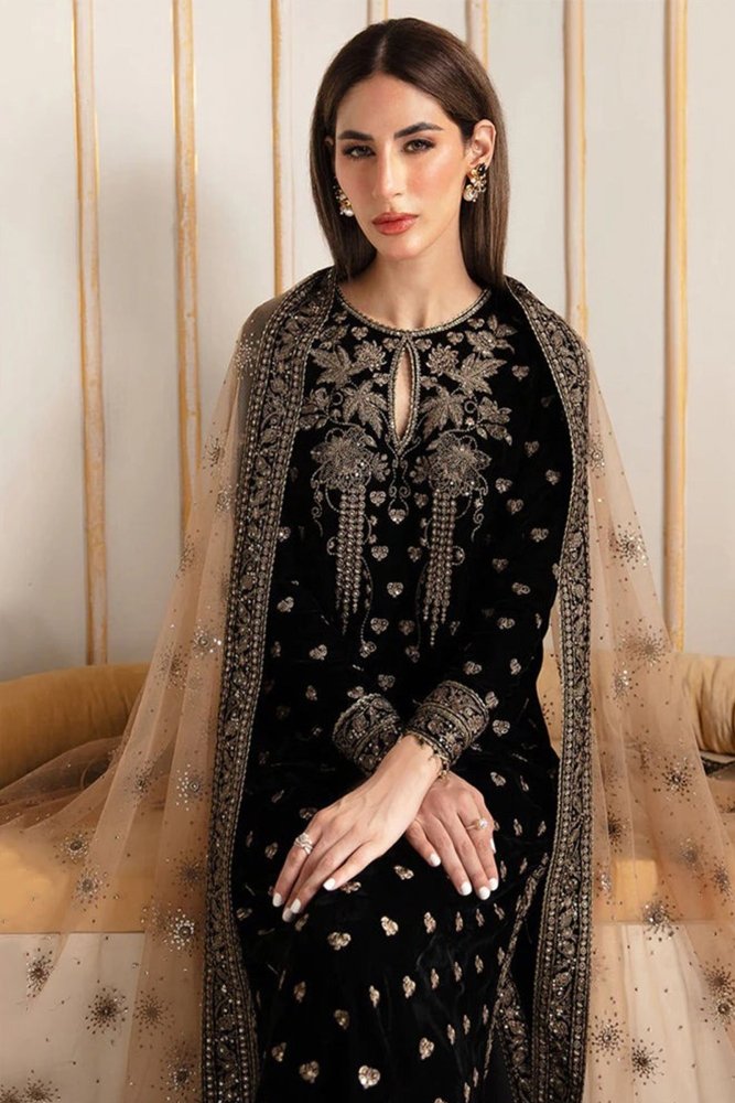 ZN1114 - Baroque Velvet Winter Embroidered 3 Piece Dress With Organza embroidered Dopata - ZoniyaClothing