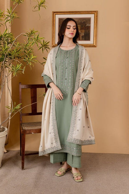 ZN1121 - WINTER BATIK DHANAK 3PC EMBROIDERED SHIRT WITH DHANAK EMBROIDERED SHAWL - ZoniyaClothing